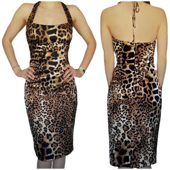 🐆 Caché, Vintage Wild Side Animal Print Satin Halter Dress - Picture 1 of 16